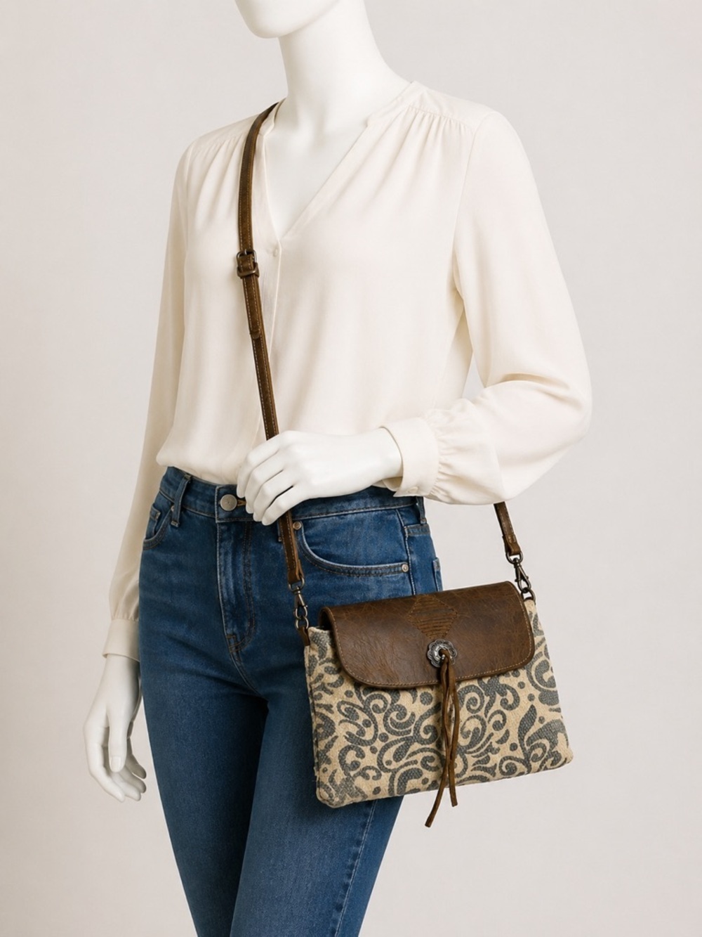 Myra Bag Ivy Small Crossbody Handbag Gray Canvas and Leather